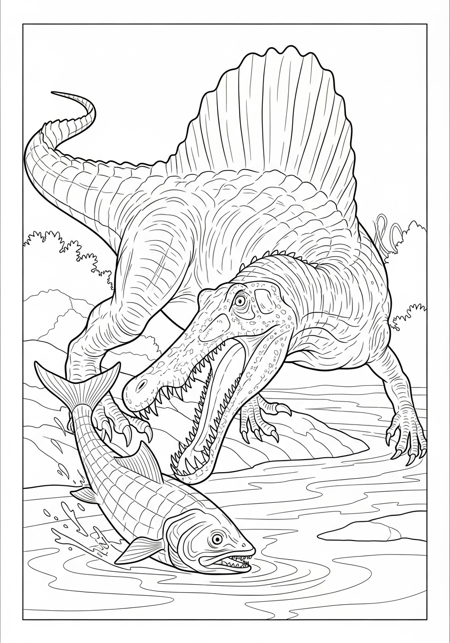 Spinosaurus catching a fish coloring page