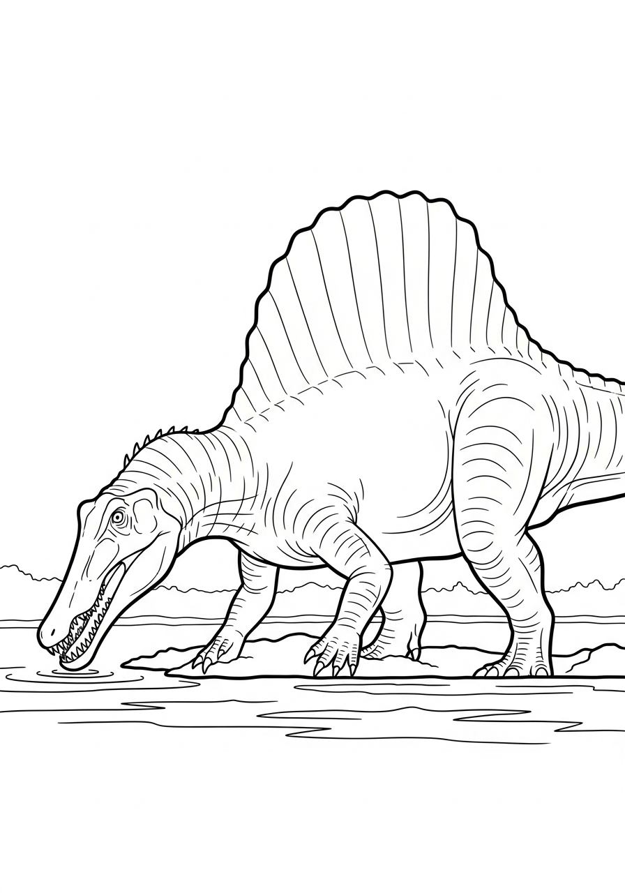 Spinosaurus drinking from river coloring page