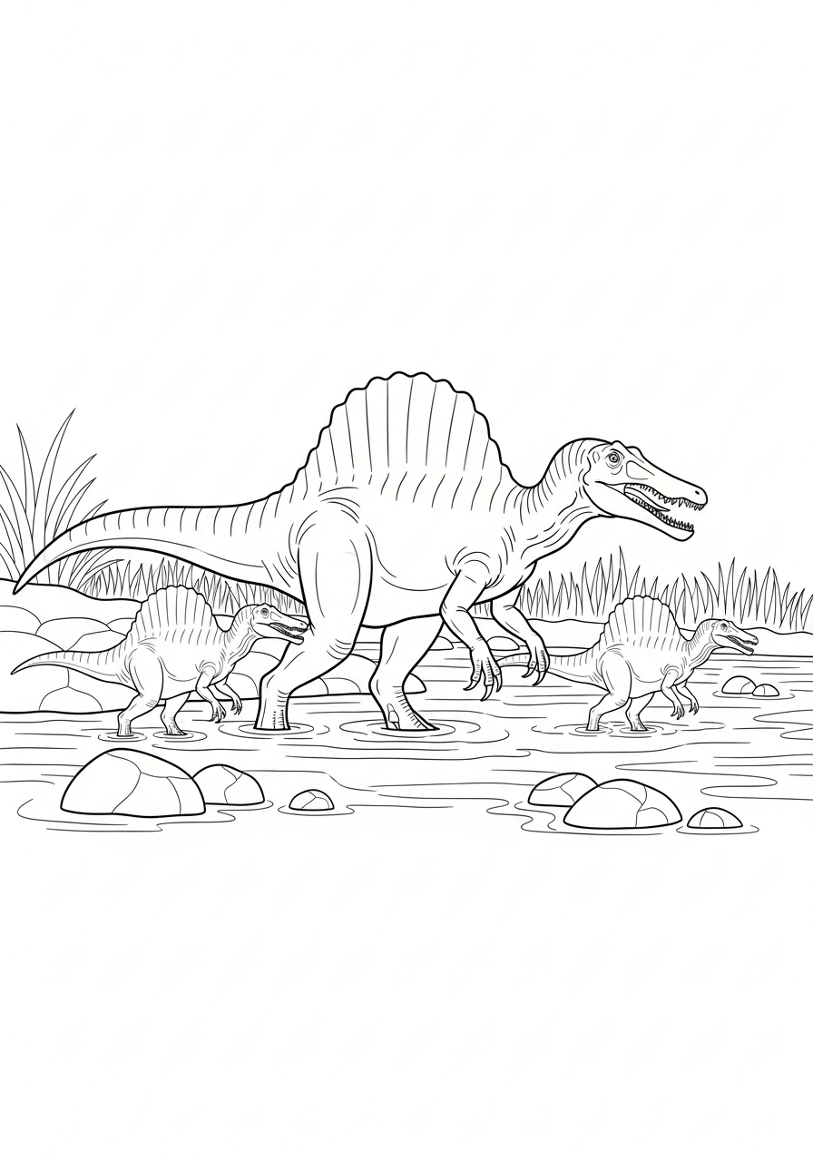 Spinosaurus family wading in river coloring page