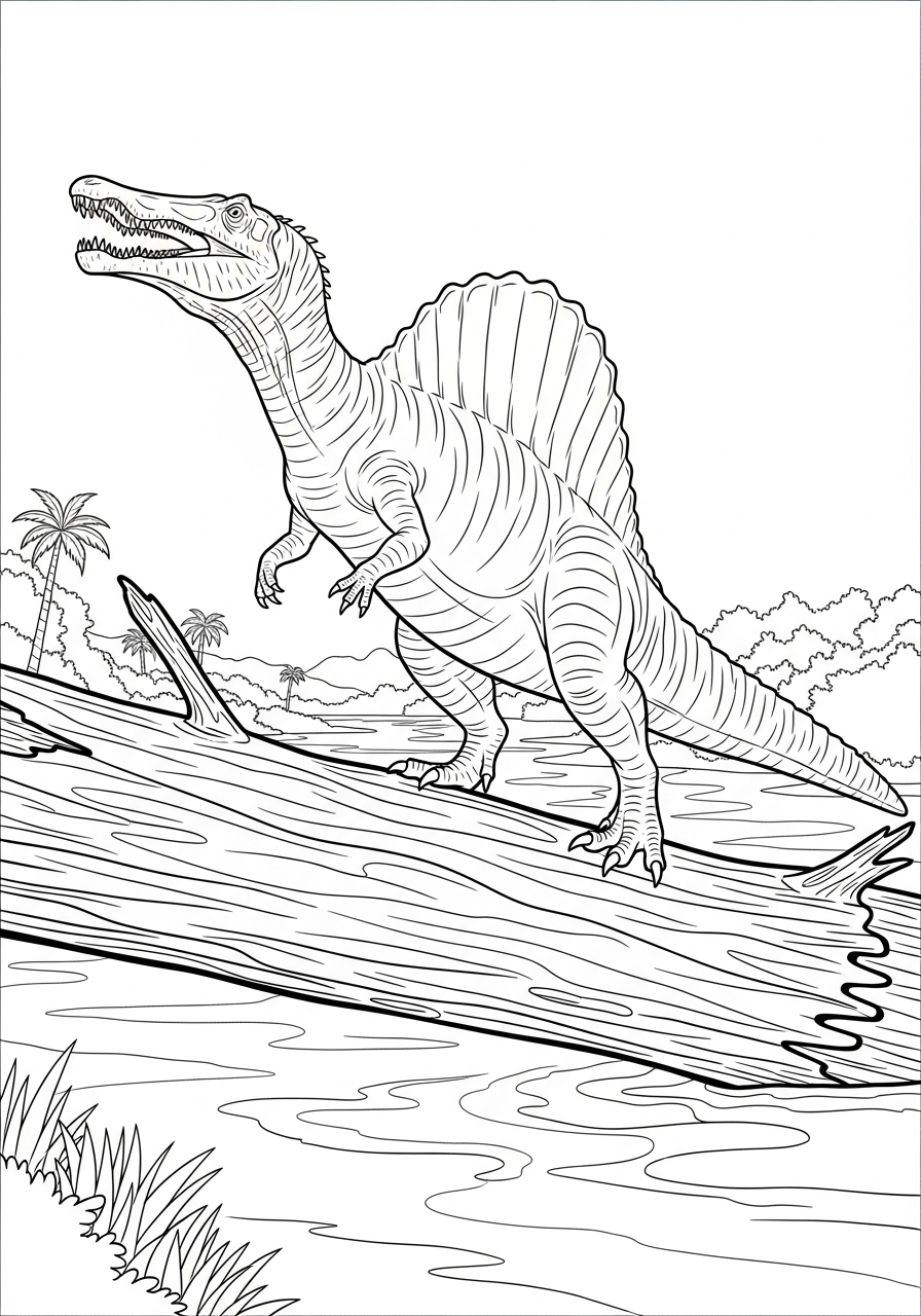 Spinosaurus standing on log coloring page