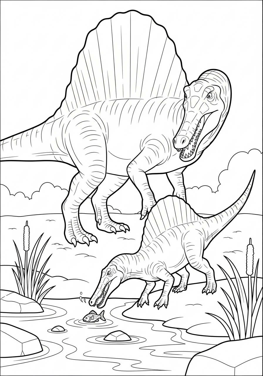 Spinosaurus teaching baby fish coloring page