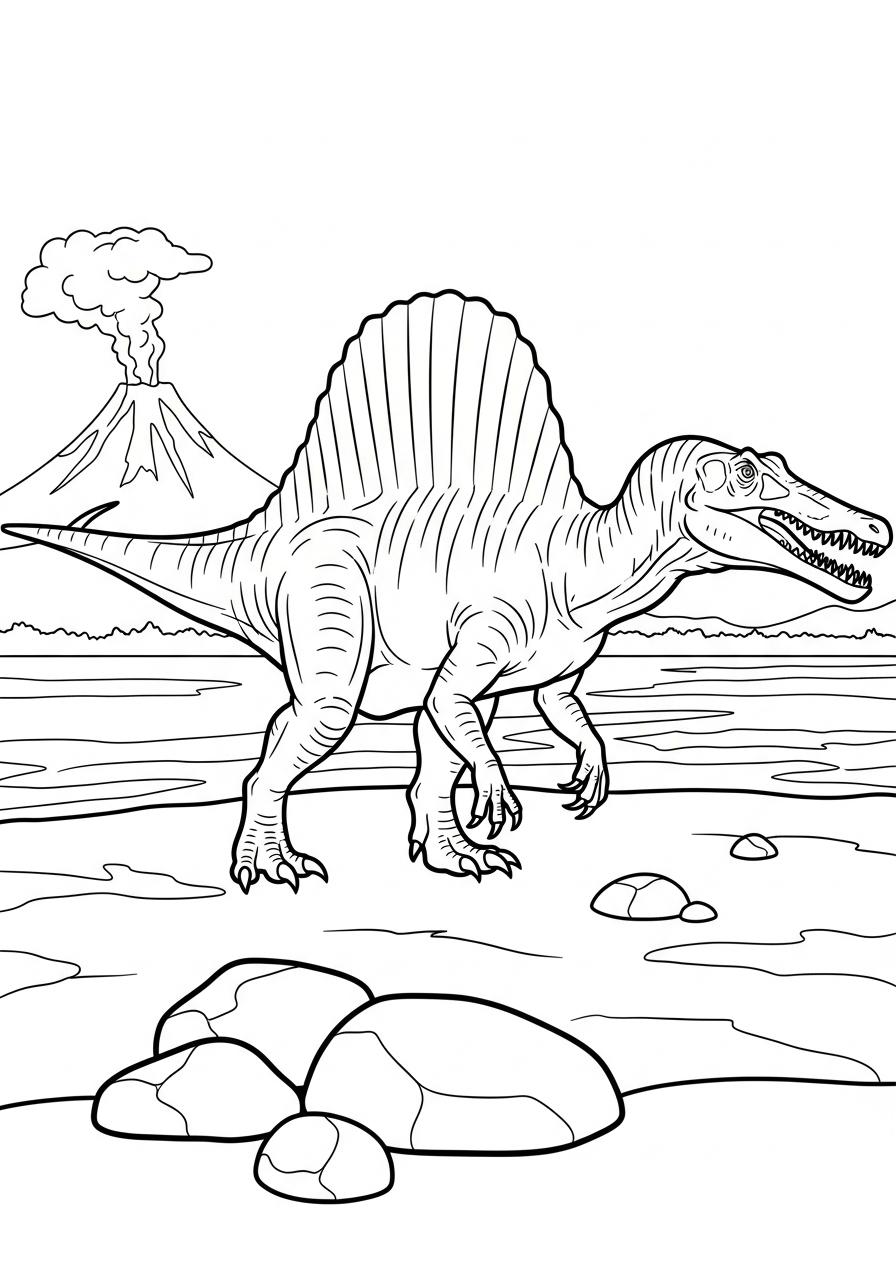 Spinosaurus volcano silhouette coloring page