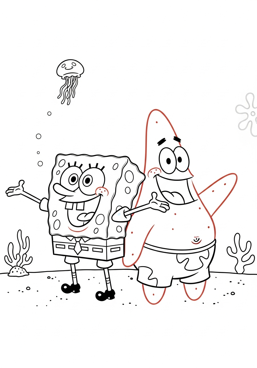 Spongebob and Patrick smiling together coloring page