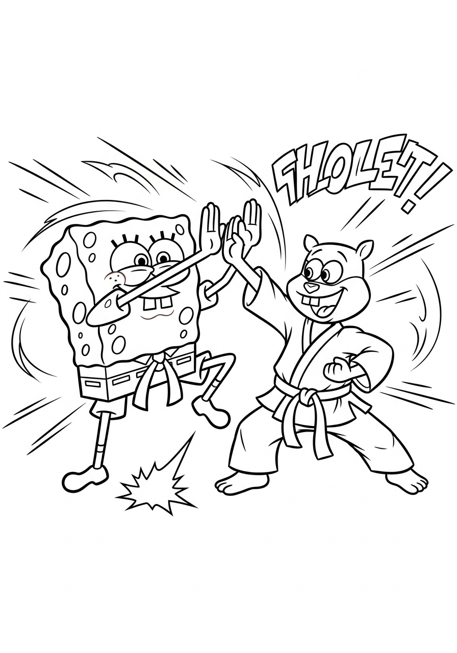 Spongebob and Sandy practicing karate kicks coloring page