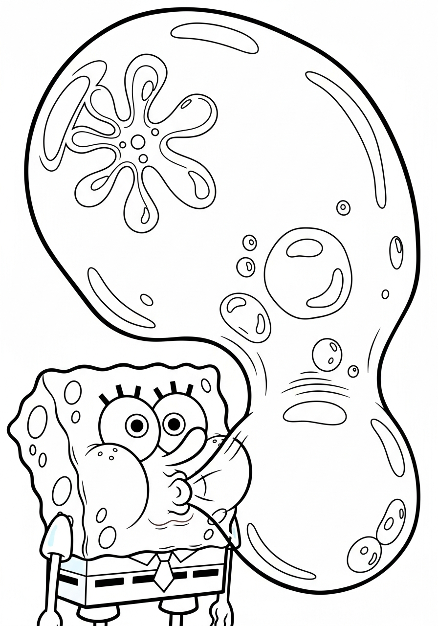 Spongebob blowing a giant detailed bubble coloring page