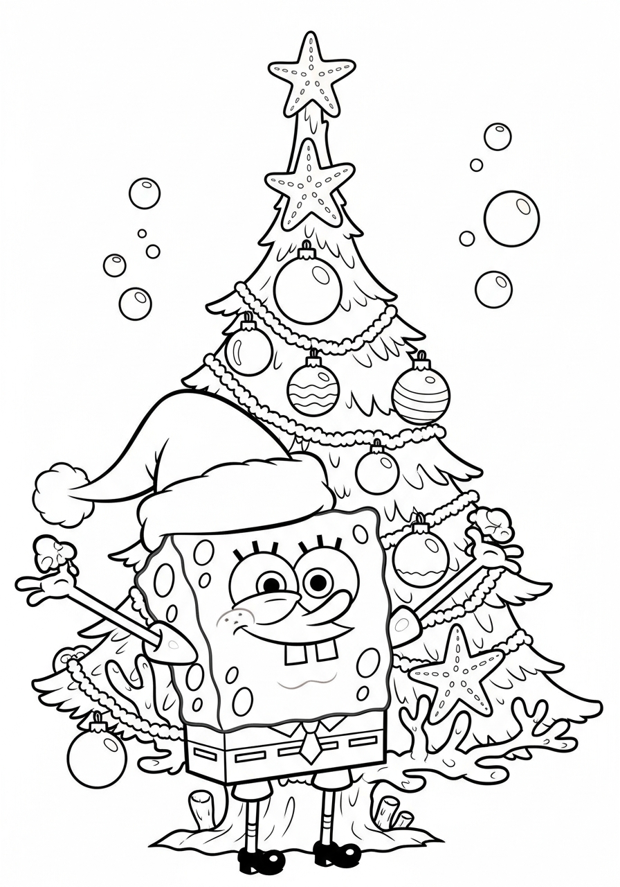 Spongebob decorating coral Christmas tree coloring page