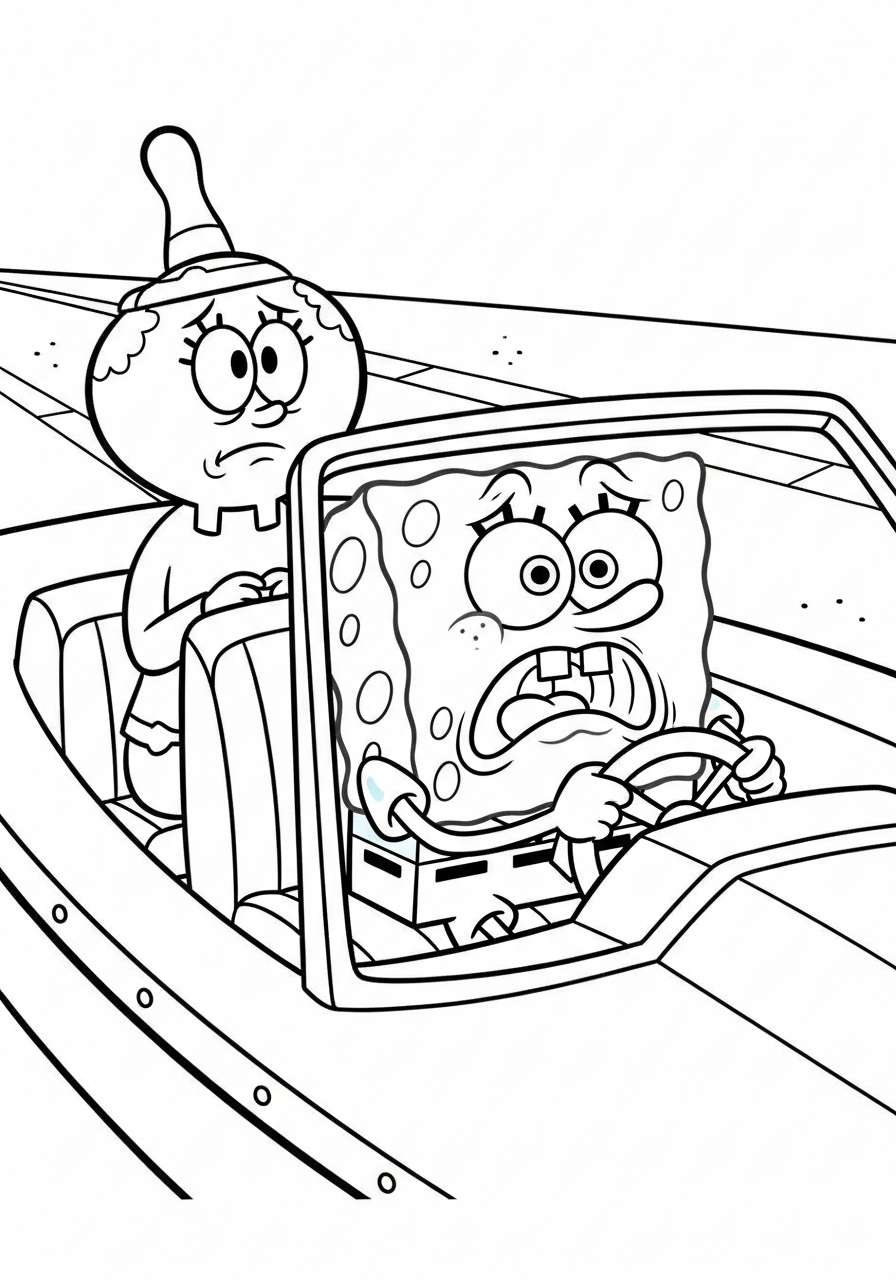 Spongebob driving boatmobile with Mrs Puff coloring page
