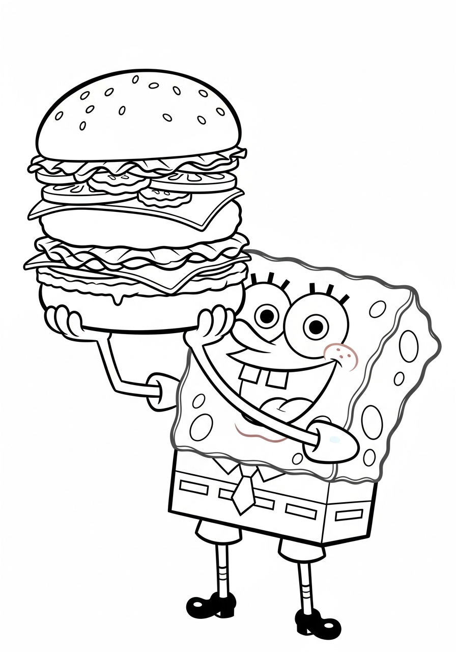 Spongebob holding delicious Krabby Patty burger coloring page