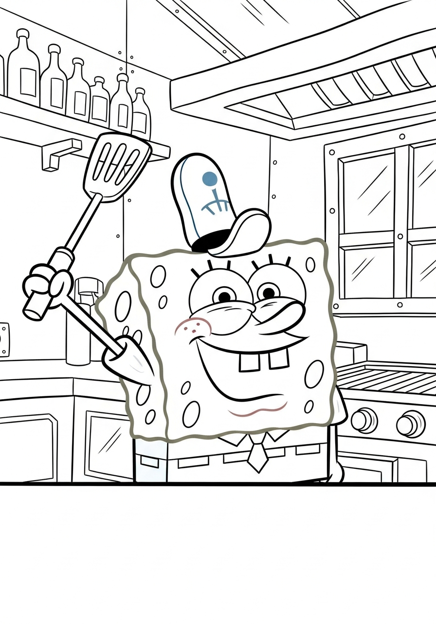 Spongebob holding spatula at Krusty Krab coloring page
