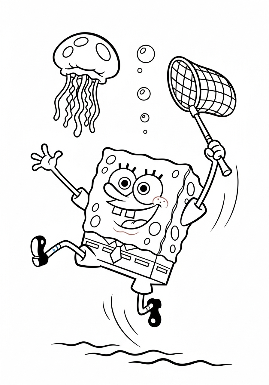 Spongebob jumping with net catching jellyfish coloring page