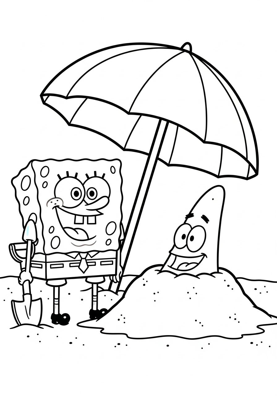 Spongebob playing in sand at beach coloring page