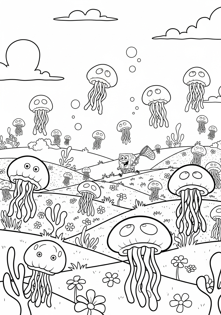 Spongebob running through jellyfish fields landscape coloring page