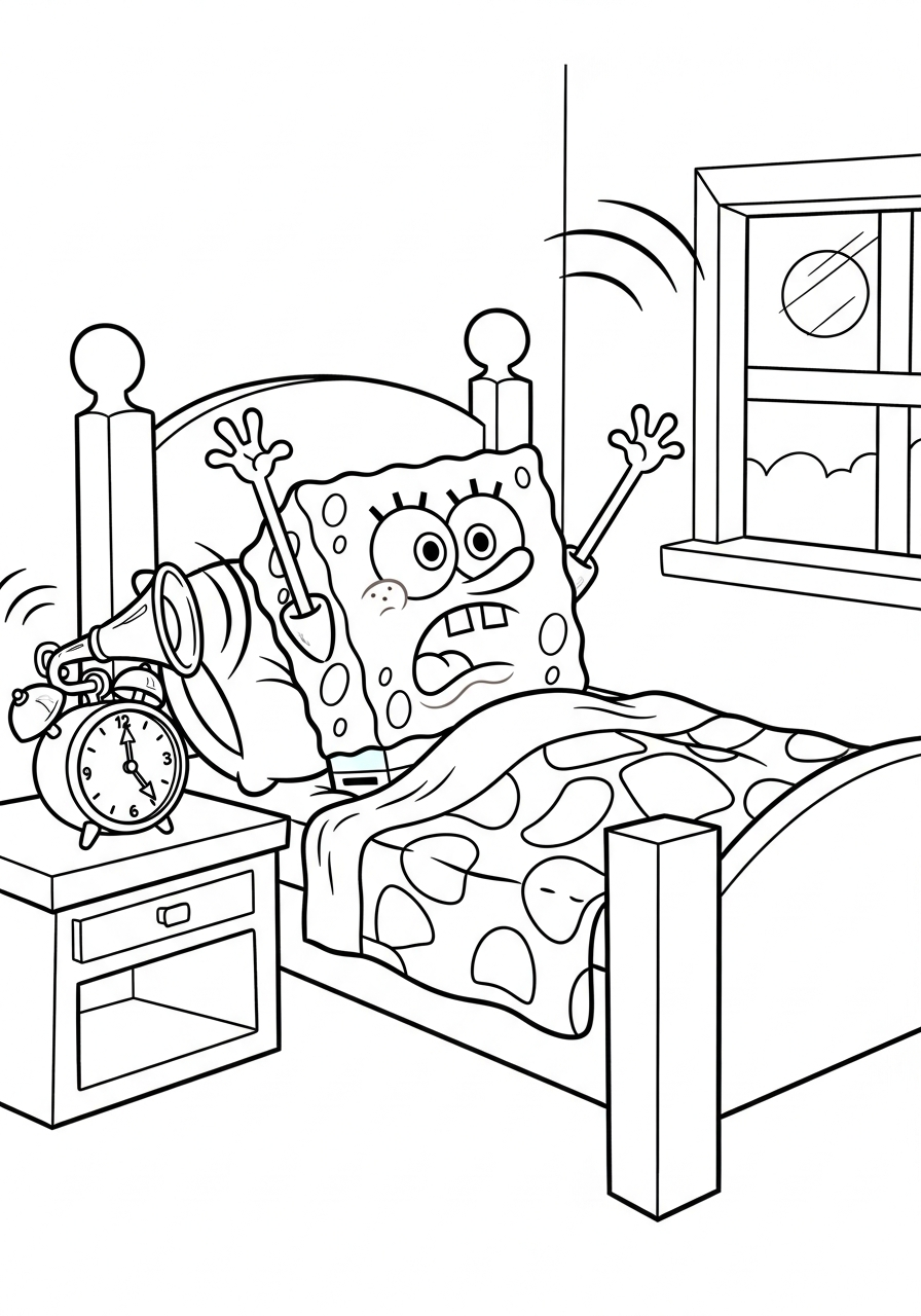 Spongebob waking up to alarm clock coloring page