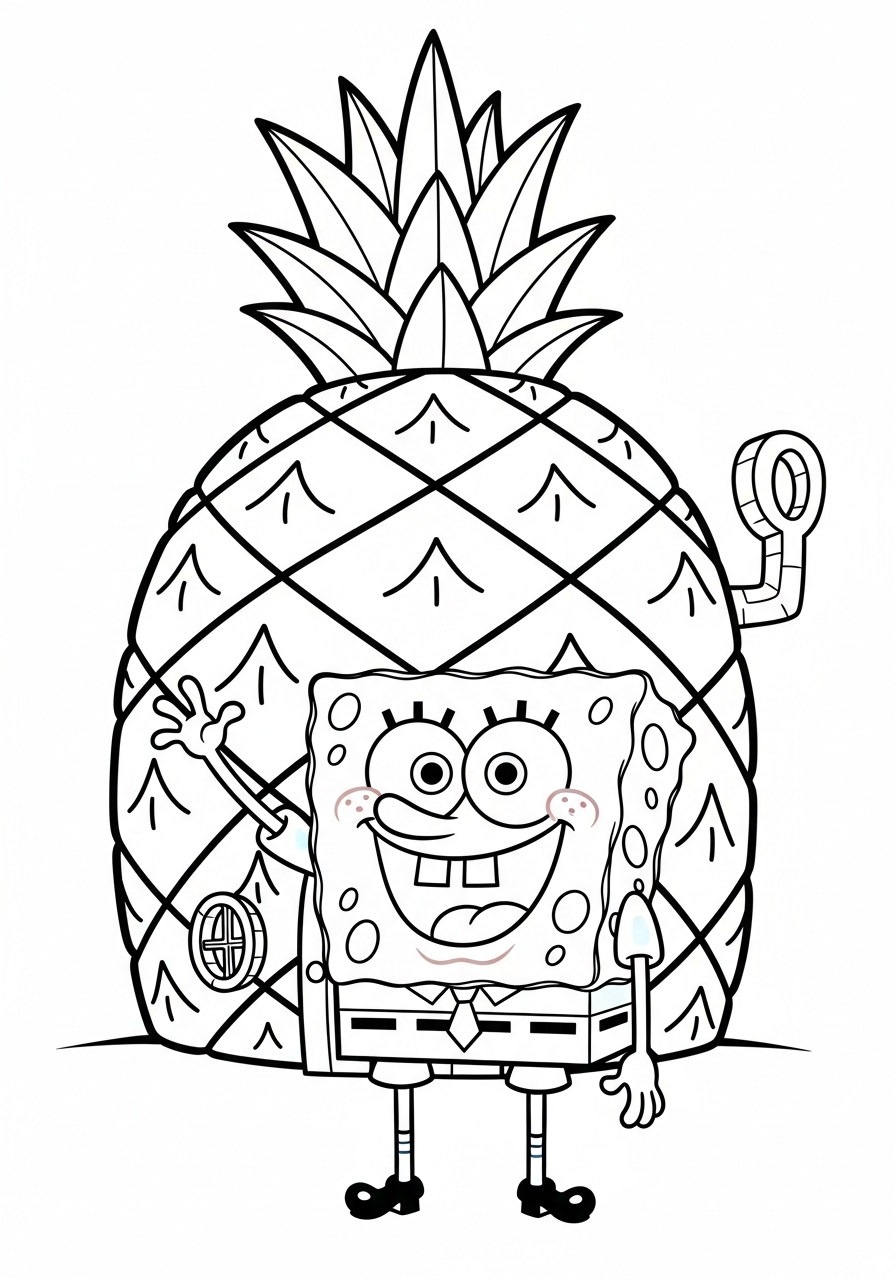 Spongebob waving hello outside pineapple coloring page