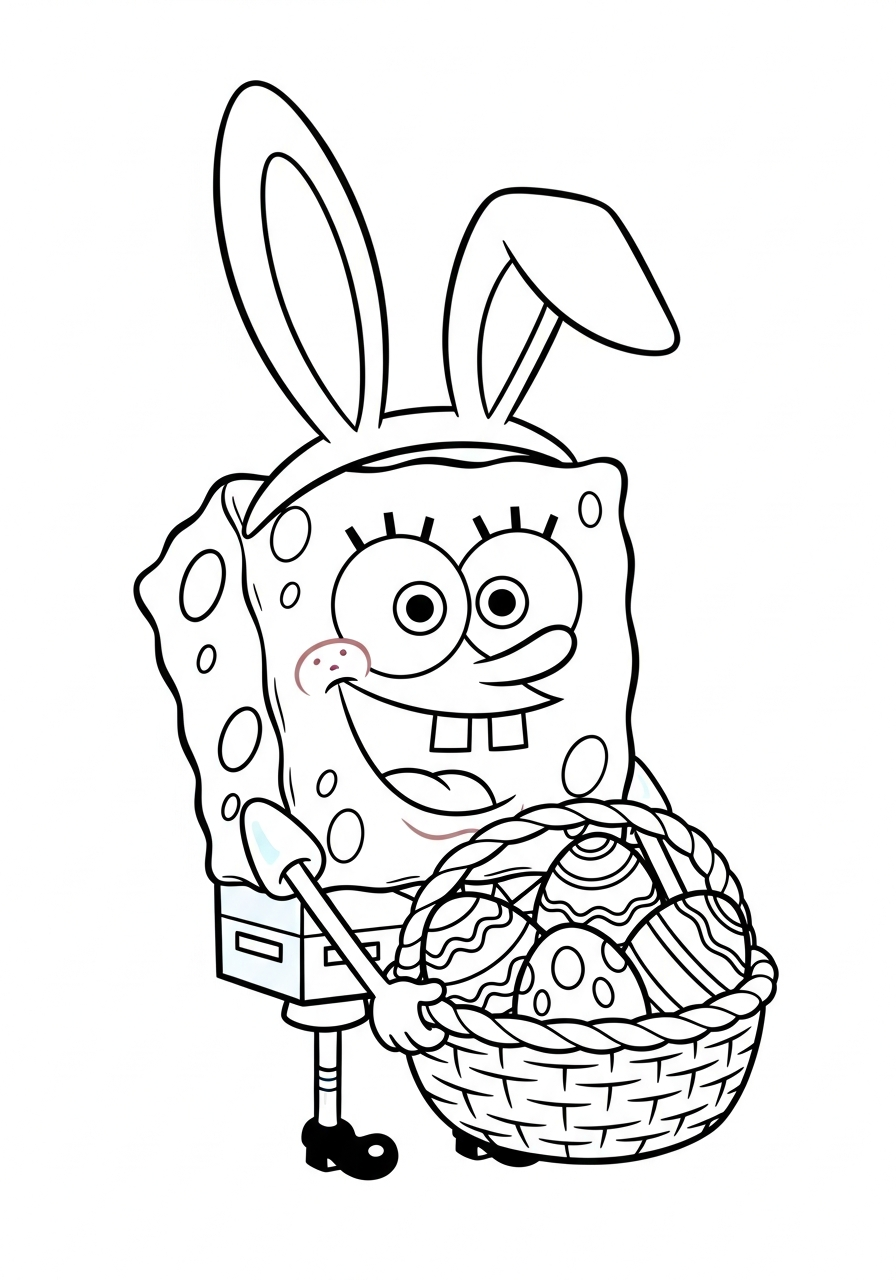 Spongebob wearing bunny ears holding eggs coloring page