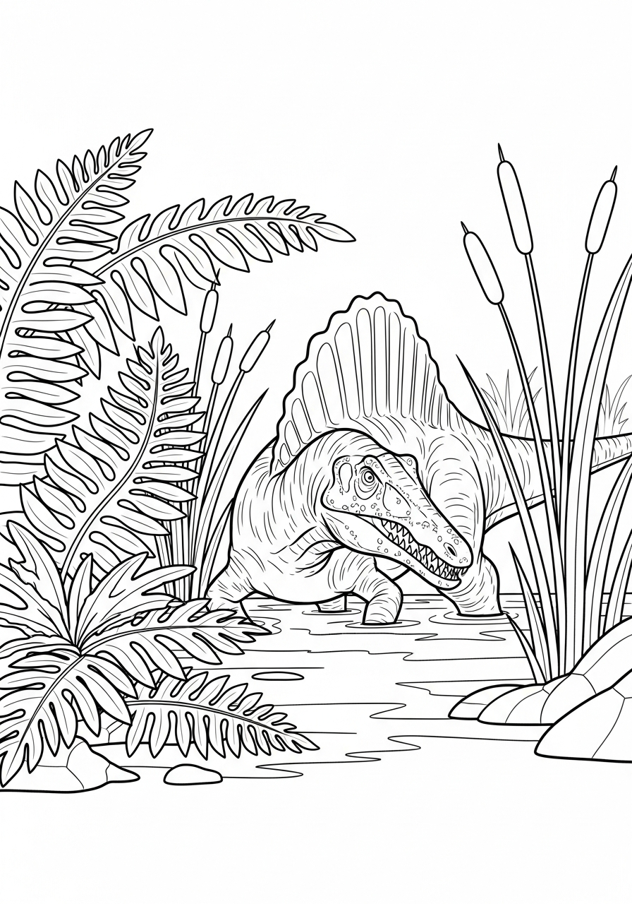 Stalking Spinosaurus in swamp coloring page