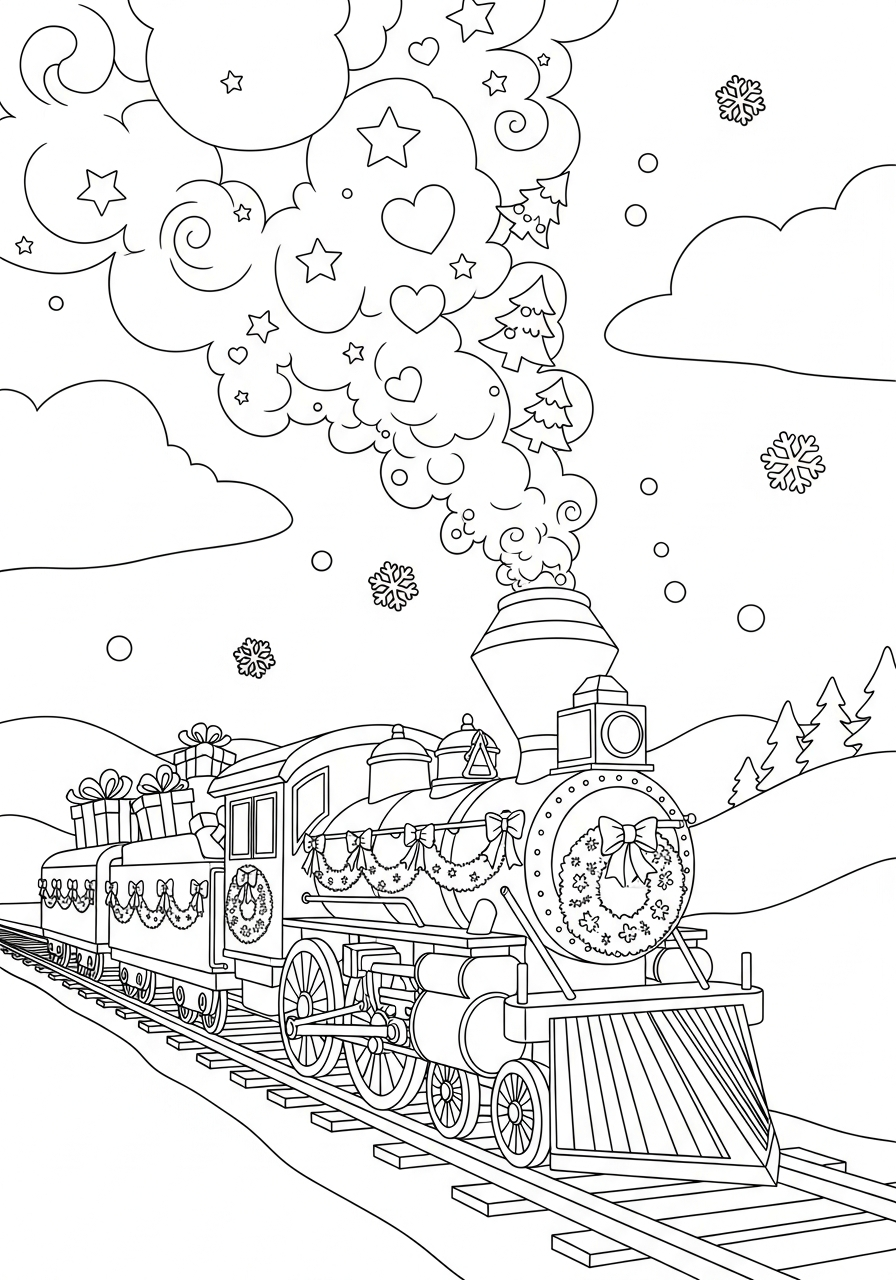Christmas Train Coloring Pages 16 Steam clouds shaped like stars coloring page