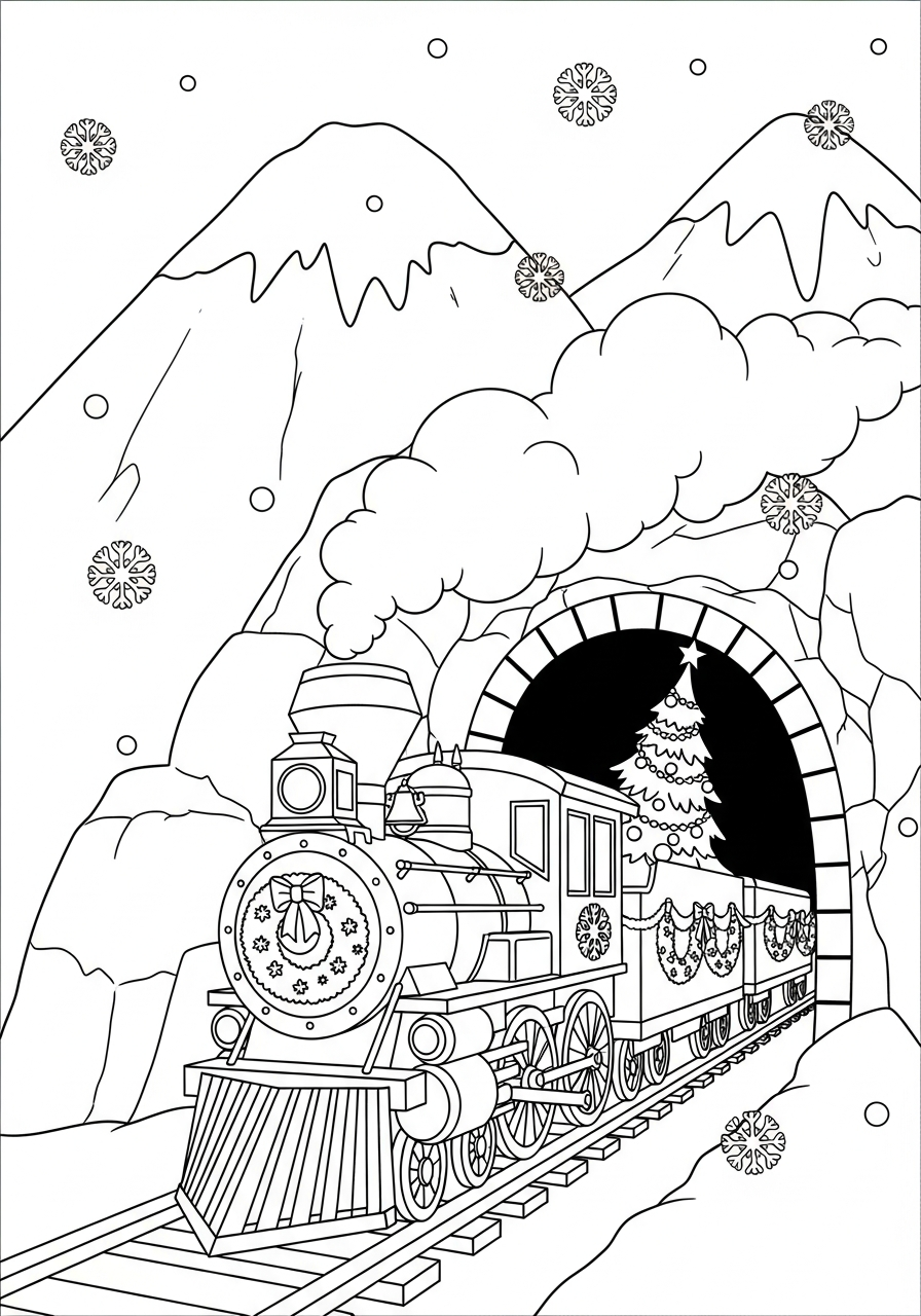 Christmas Train Coloring Pages 17 Steam train exiting mountain tunnel coloring page