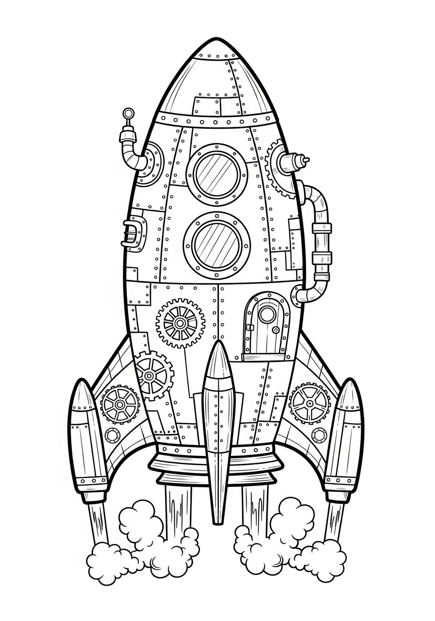 Rocket Ship Coloring Pages 27 Steampunk rocket with gears and pipes coloring page
