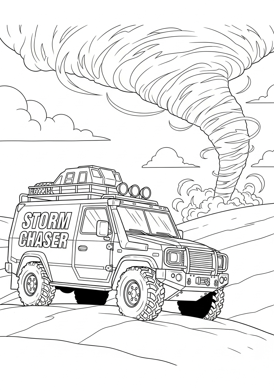Storm chaser truck watching tornado coloring page