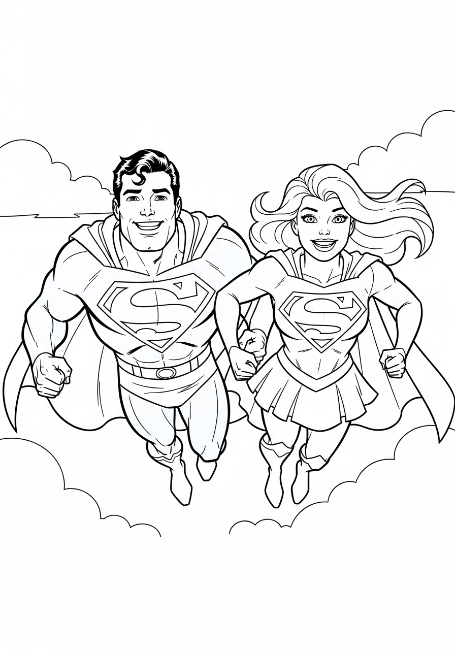 Superman and Supergirl fly together coloring page