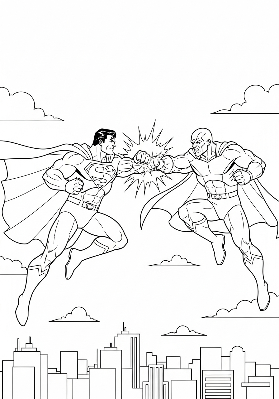 Superman battles General Zod mid-air coloring page