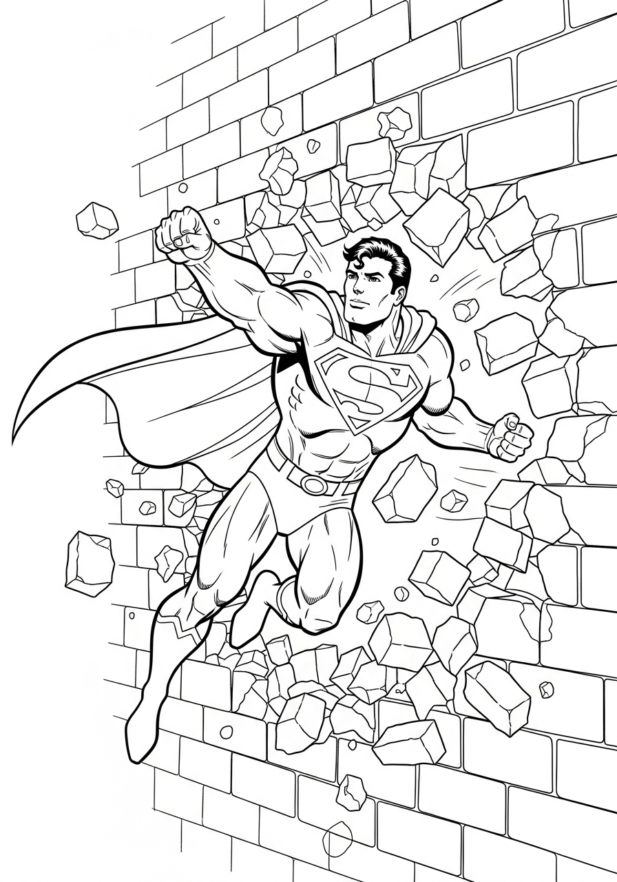Superman bursts through a brick wall coloring page