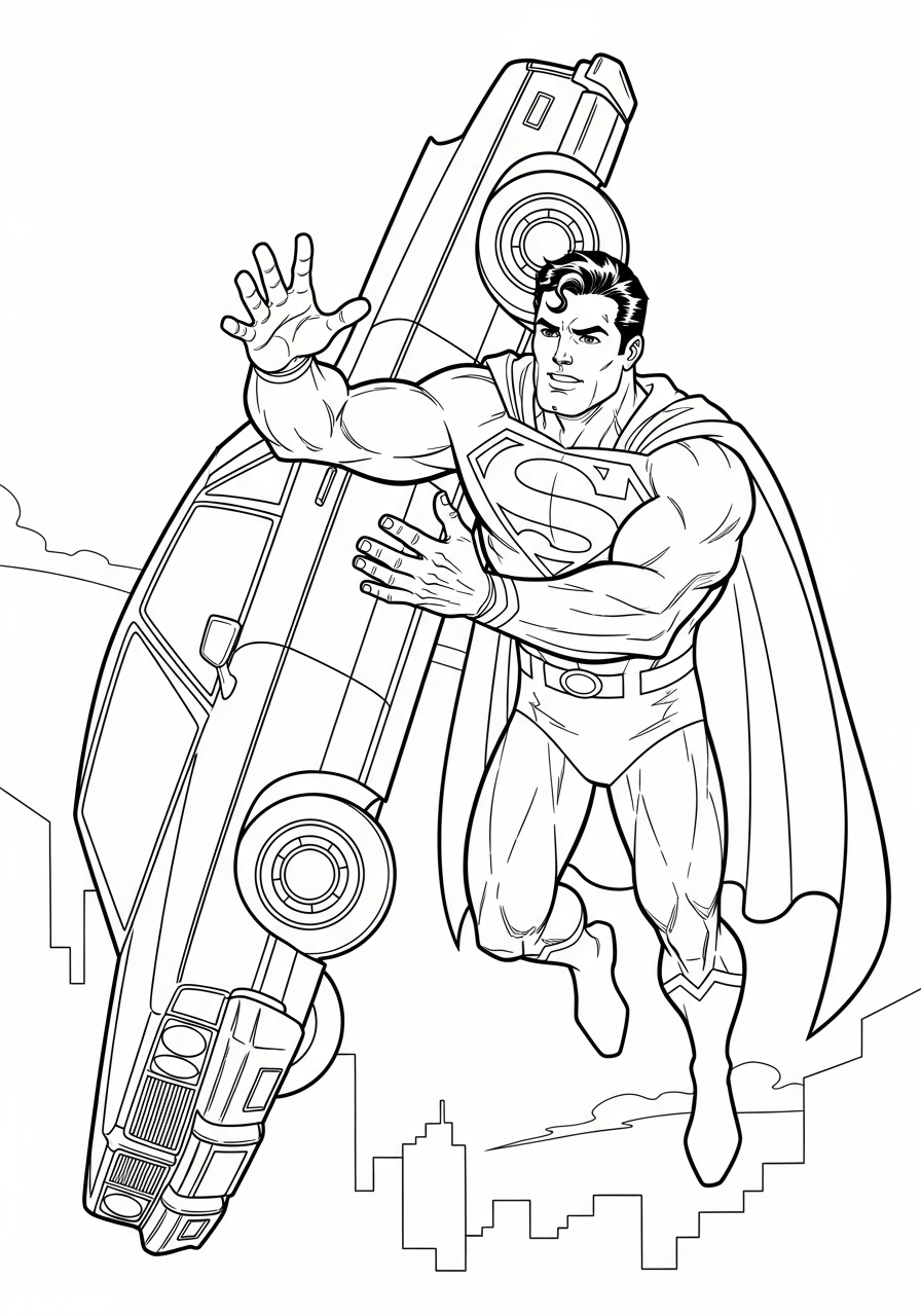 Superman catches a falling car mid-air coloring page