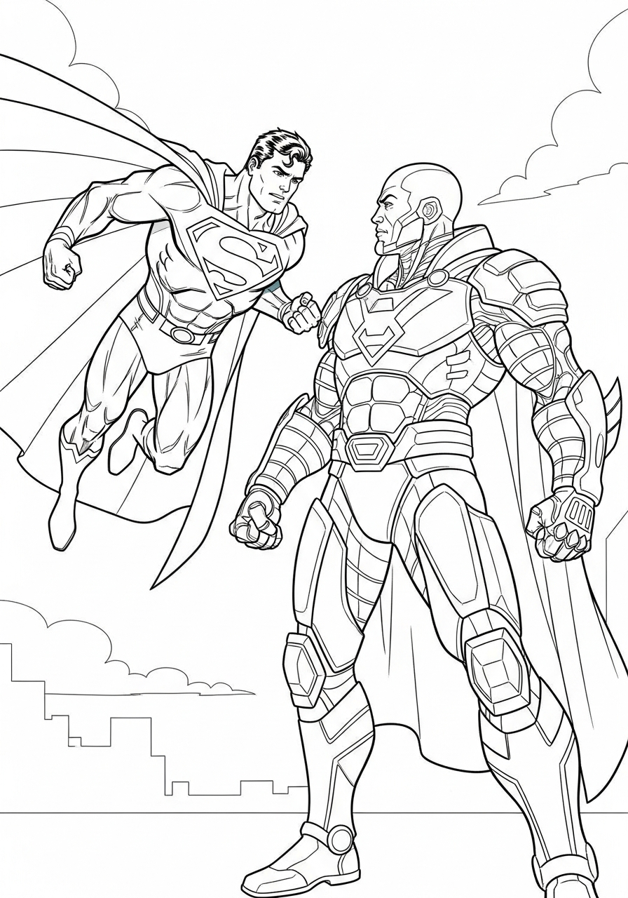 Superman faces Lex Luthor in battlesuit coloring page