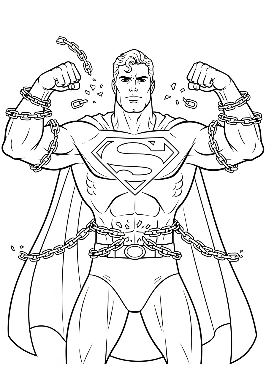 Superman flexing and breaking chains coloring page
