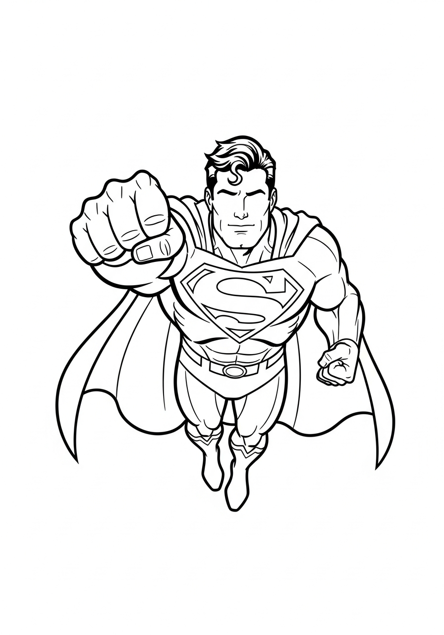 Superman flies directly toward the viewer coloring page