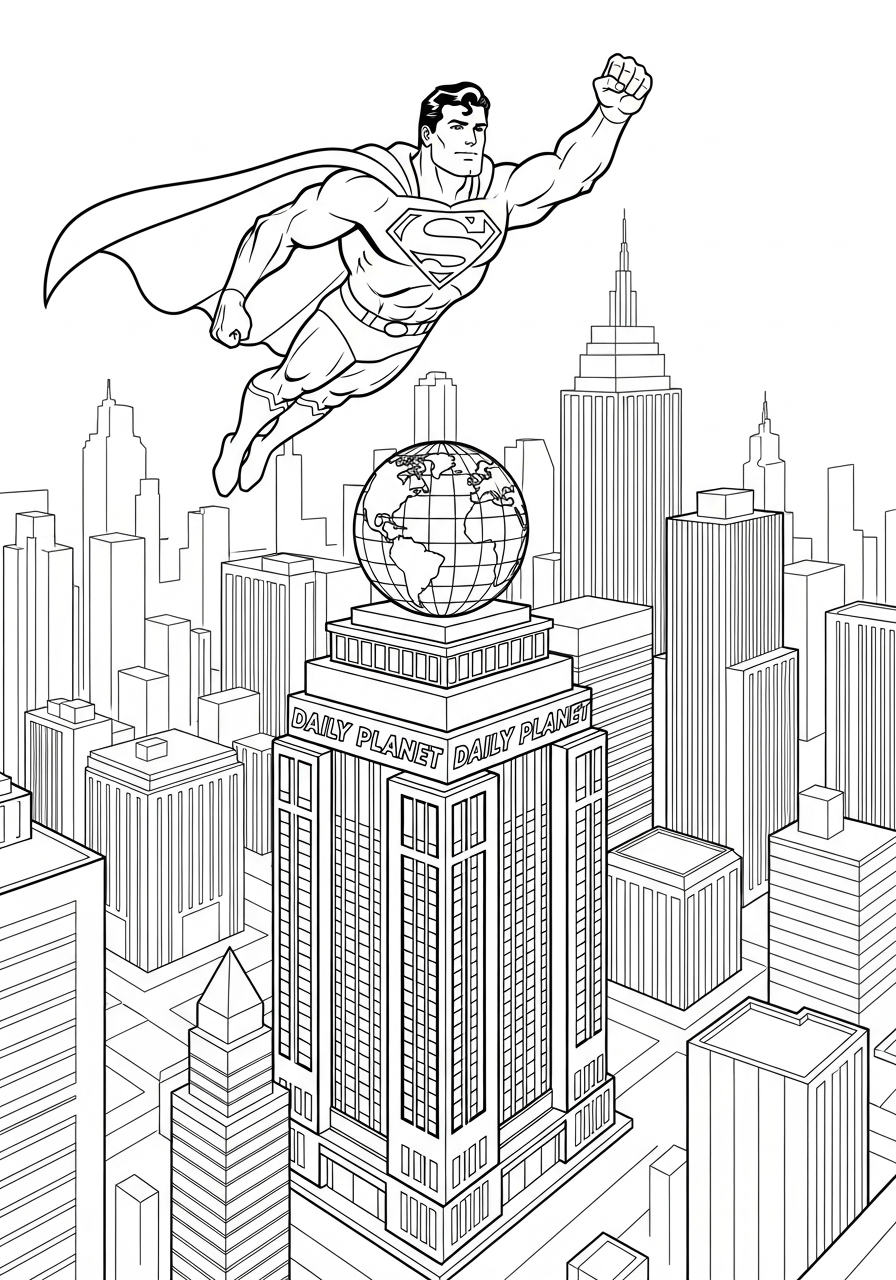 Superman flies high above Metropolis skyline coloring page