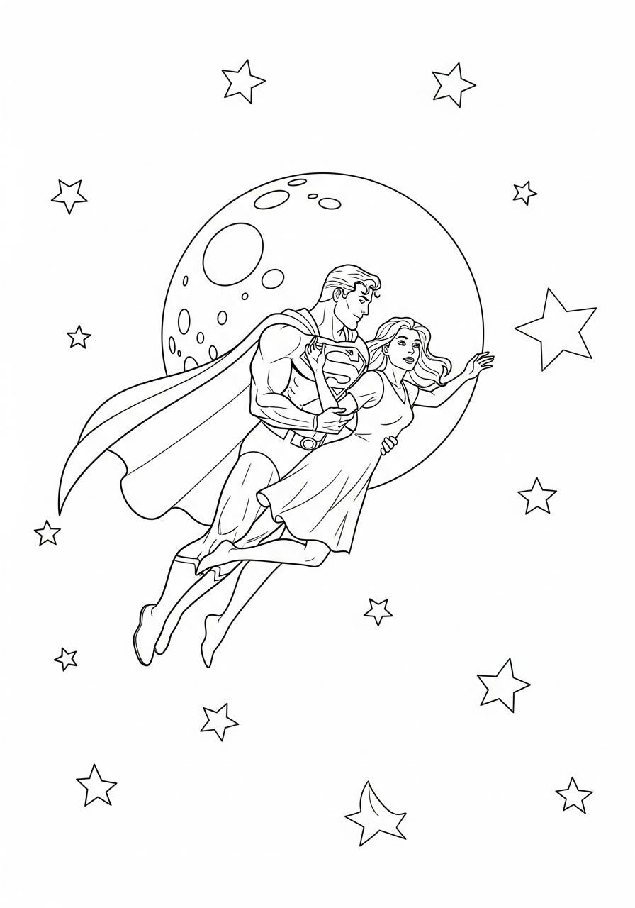 Superman flies with Lois Lane romantically coloring page