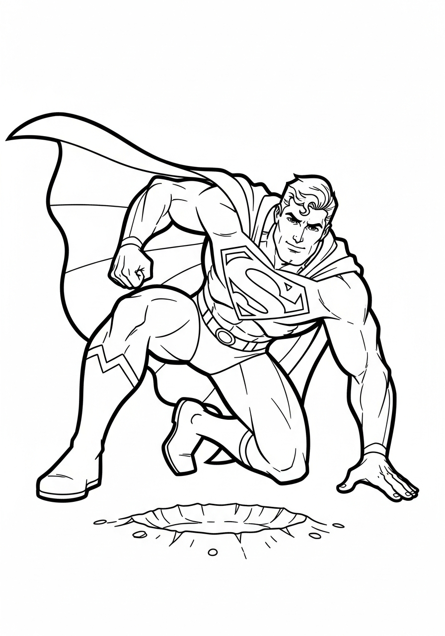Superman in a superhero landing pose coloring page