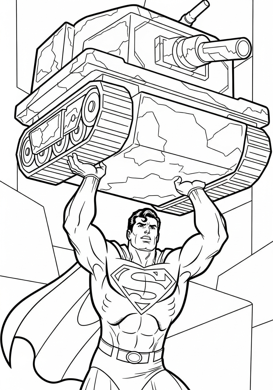 Superman lifts a heavy tank overhead coloring page