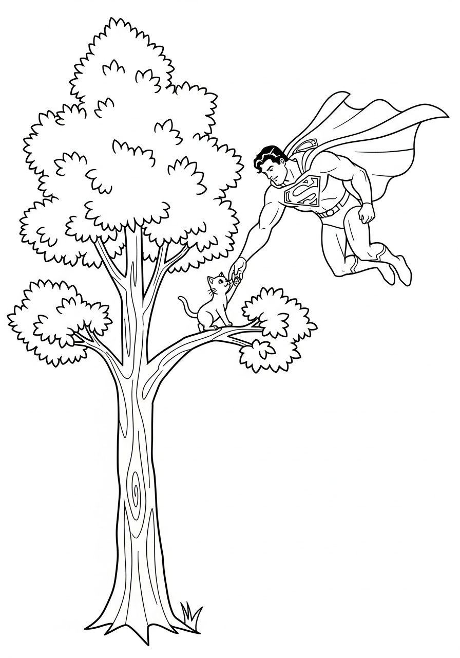 Superman saves a kitten from a tree coloring page