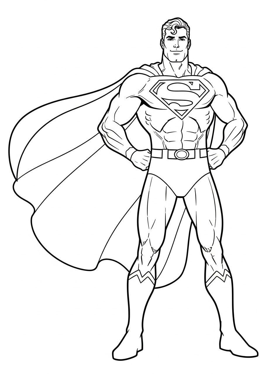 Superman stands tall with hands on hips coloring page