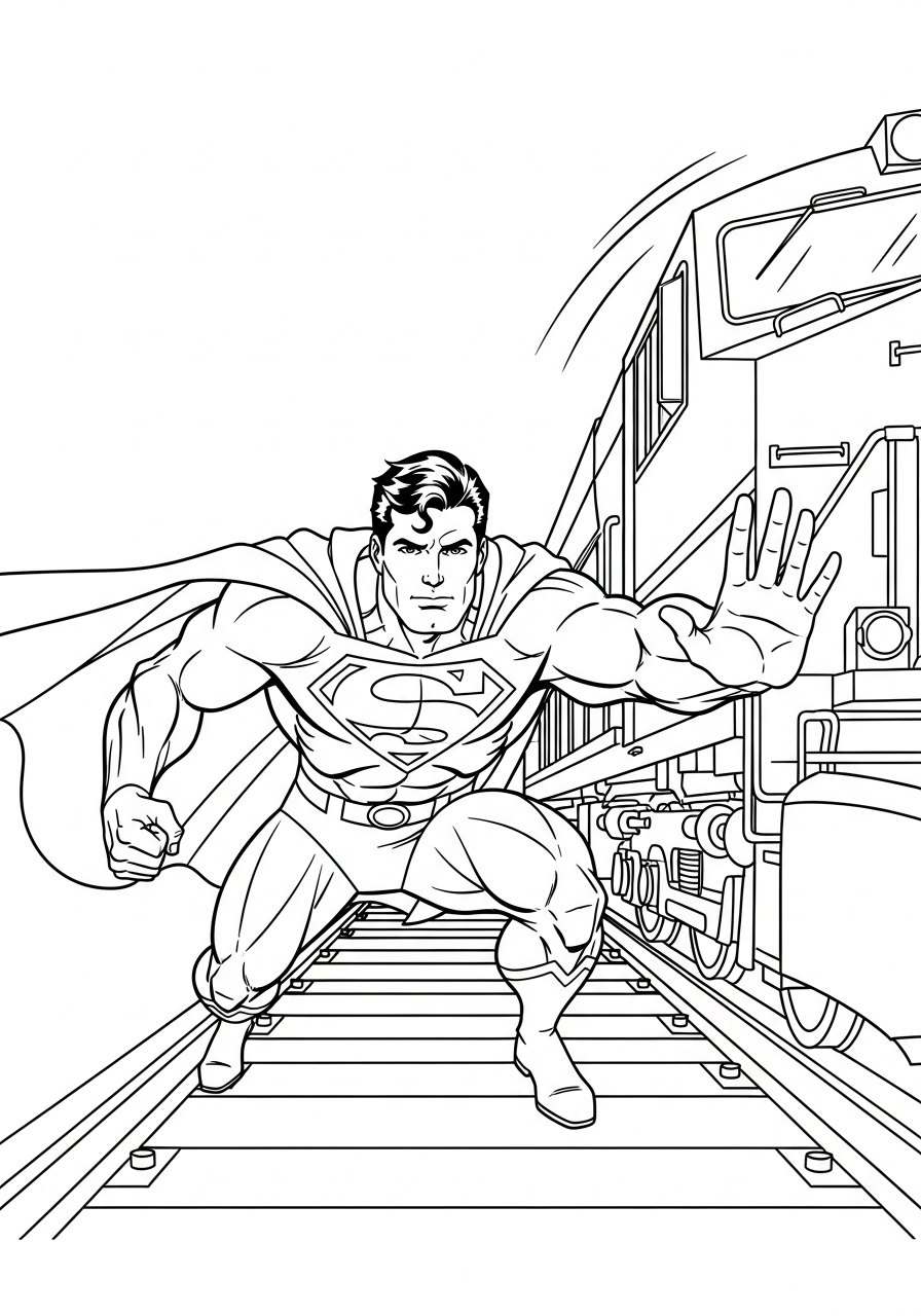 Superman stops a speeding train head-on coloring page