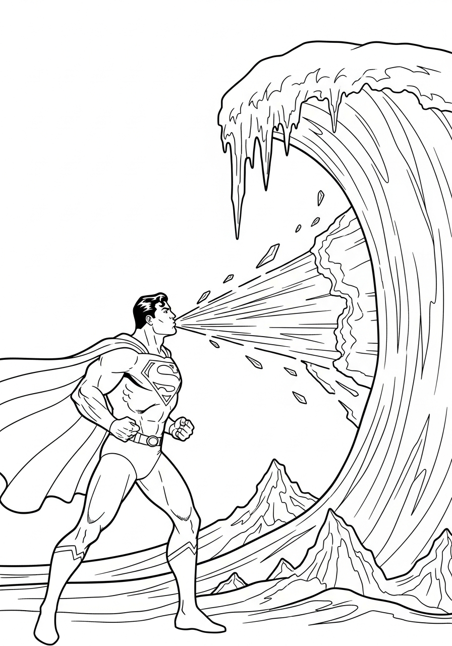 Superman uses powerful ice breath coloring page