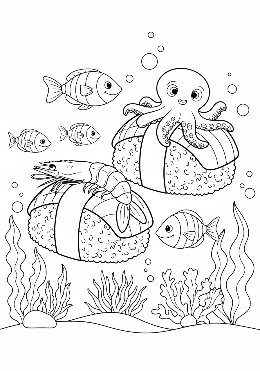 Sushi characters swimming with fish coloring page