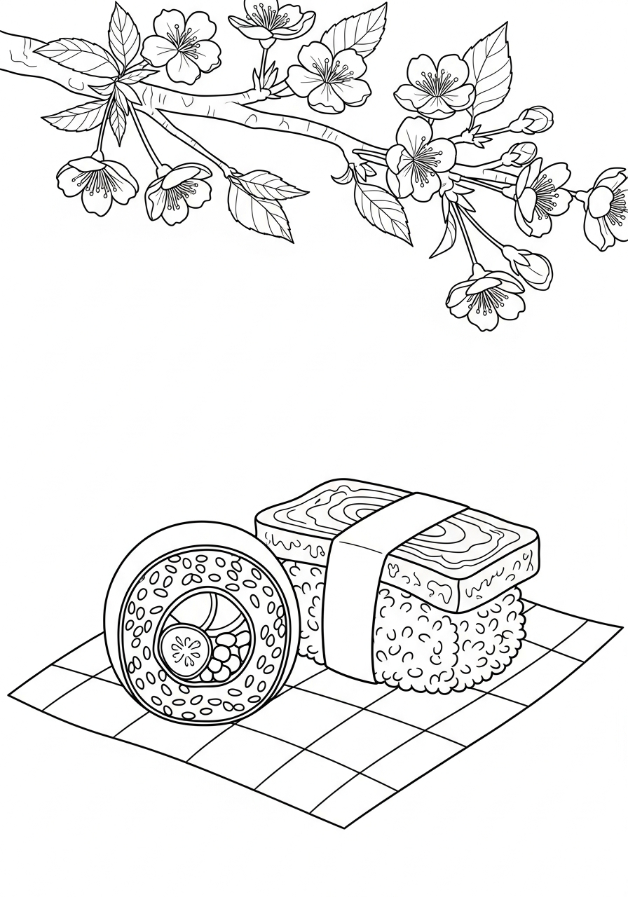 Sushi picnic under cherry blossom coloring page