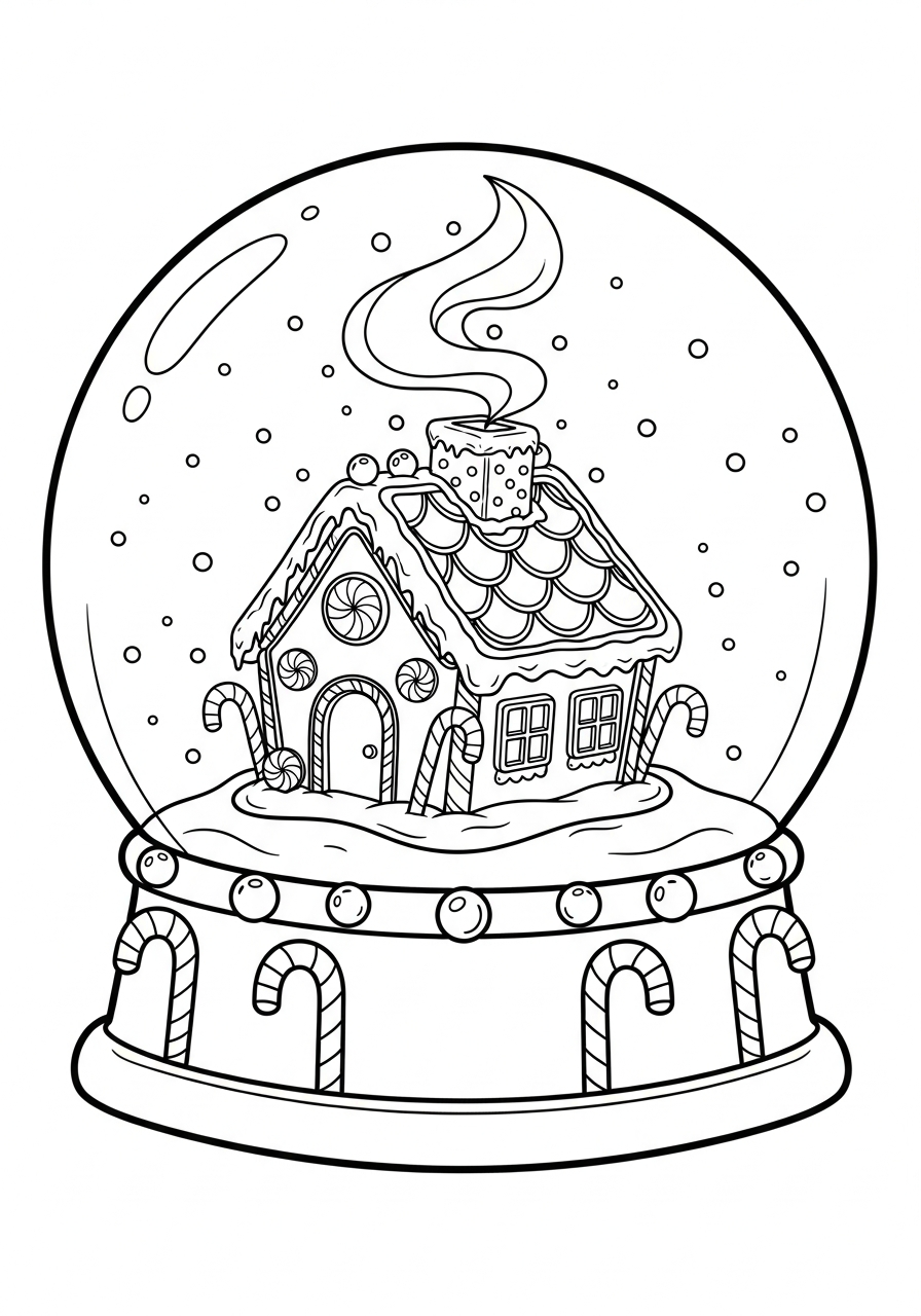 Sweet gingerbread house snow globe coloring page