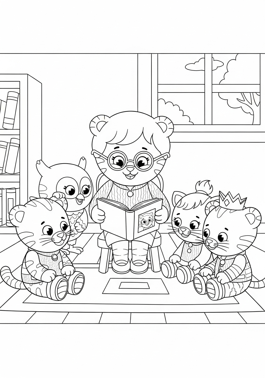 Teacher Harriet reading to class coloring page
