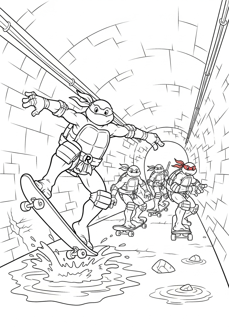 Ninja Turtle Coloring Pages 24 Team skateboarding in a sewer coloring page
