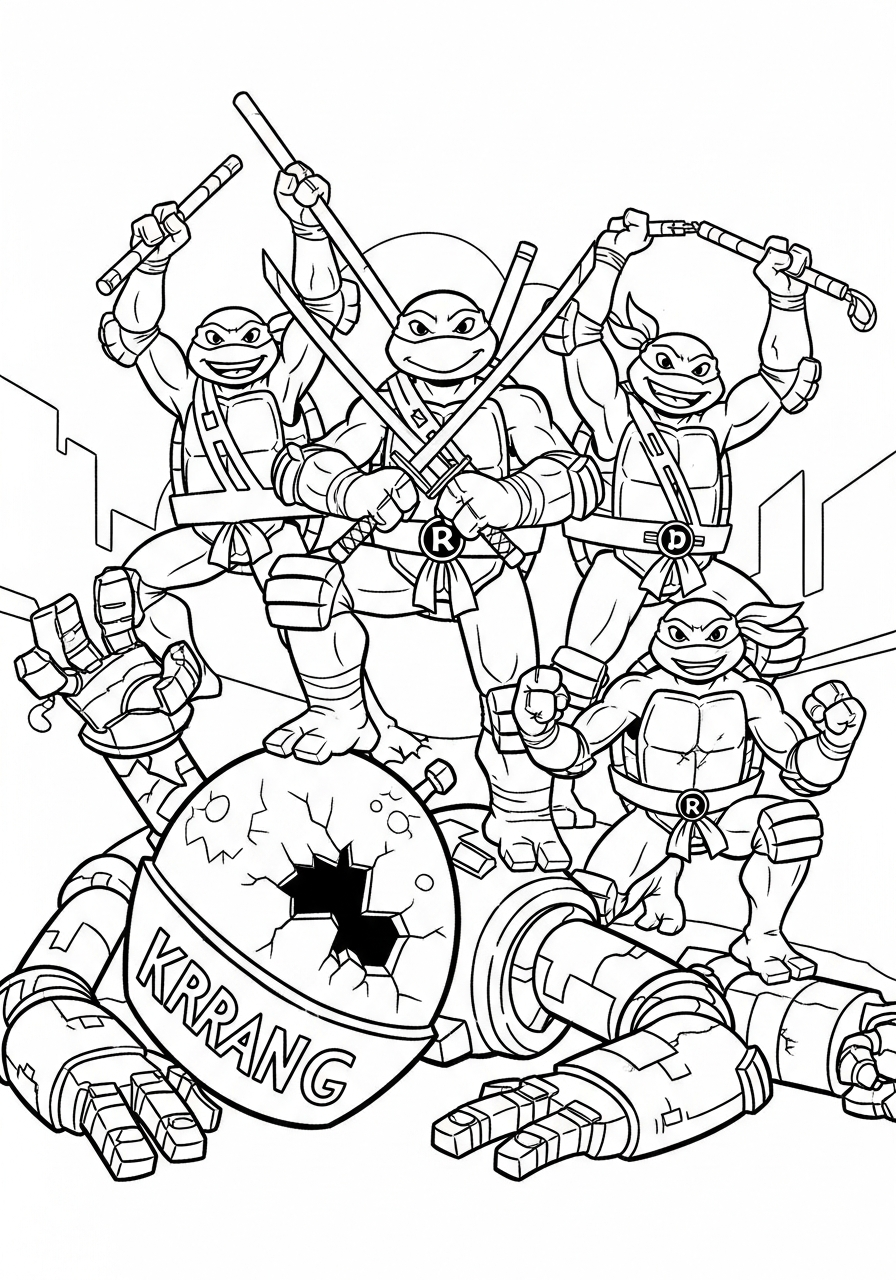 Ninja Turtle Coloring Pages 25 Team victory pose on robot coloring page