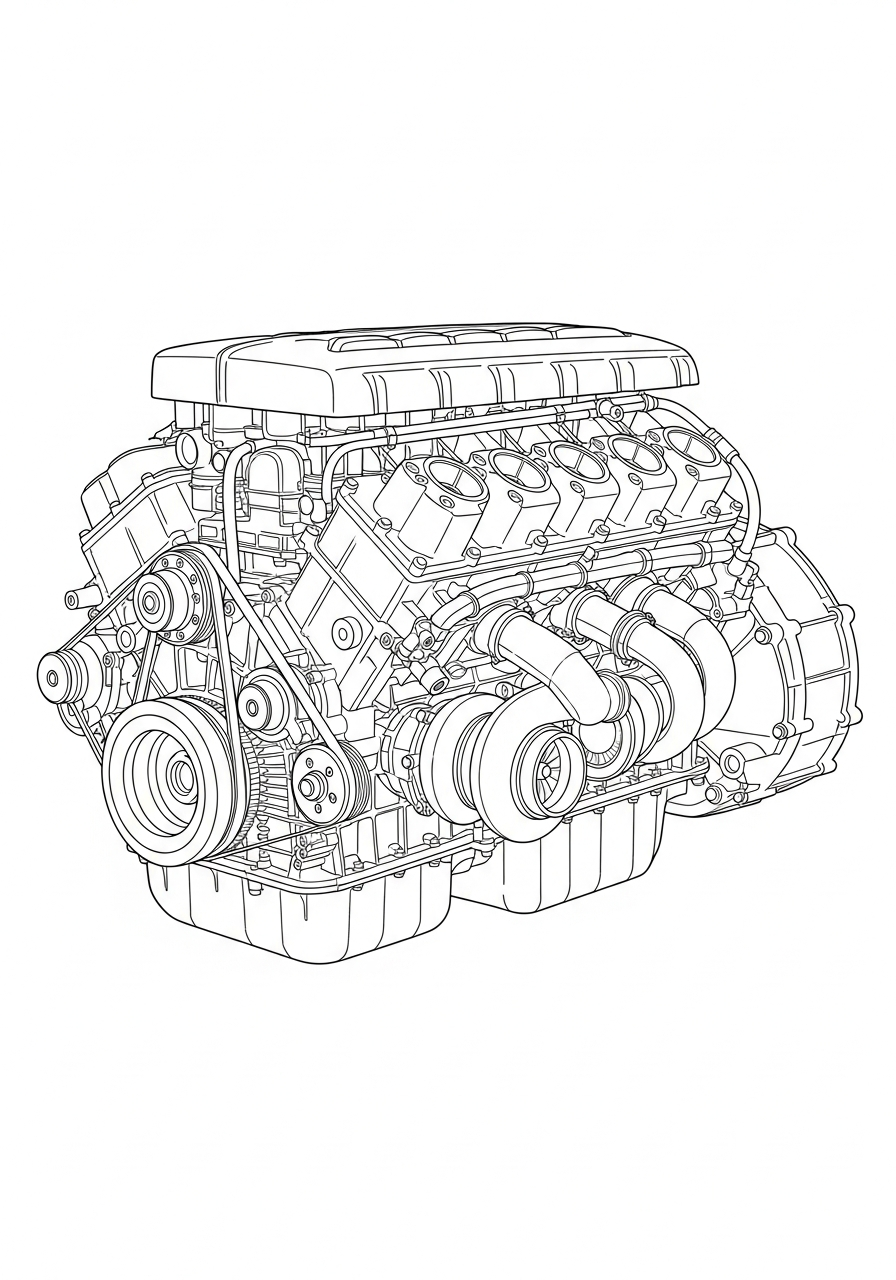 Technical Bugatti W16 engine block coloring page