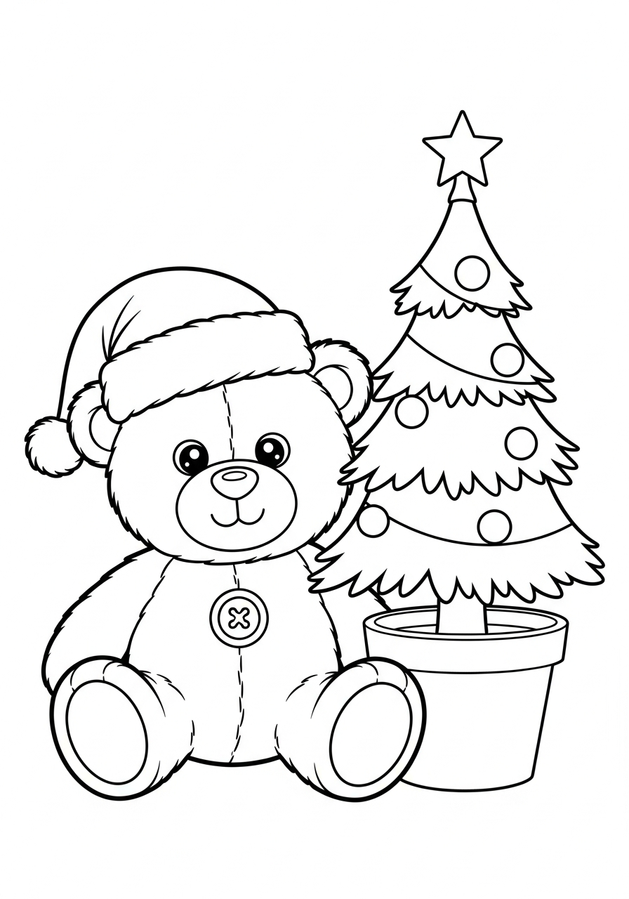 Christmas Tree Coloring Pages 20 Teddy bear with small festive tree coloring page