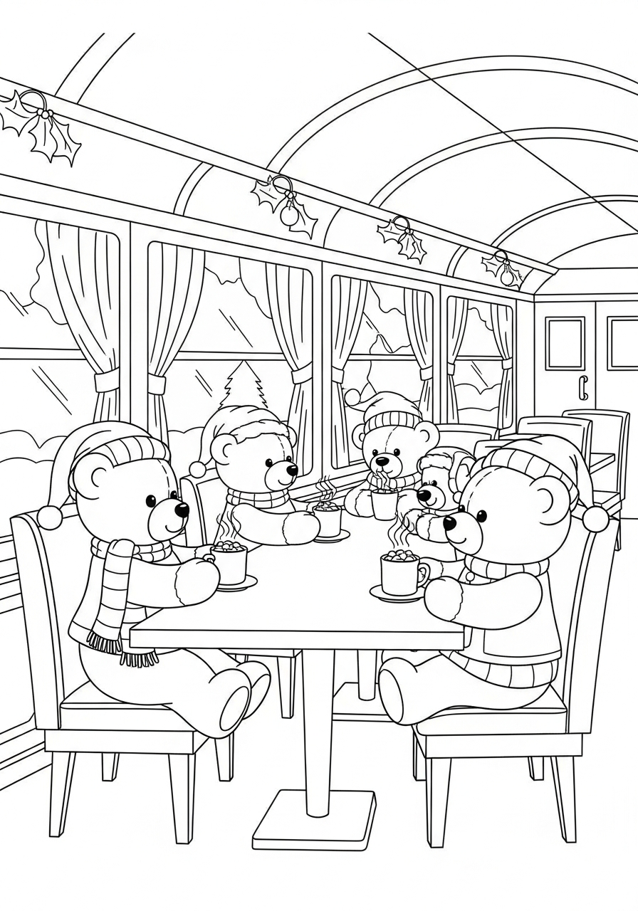 Christmas Train Coloring Pages 19 Teddy bears drinking cocoa inside coloring page