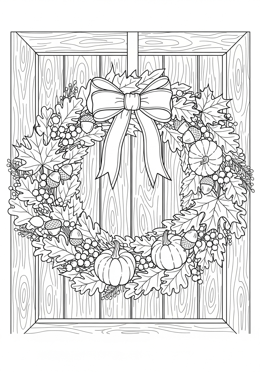 Thanksgiving Coloring Pages 25 Thanksgiving wreath on a wooden door coloring page