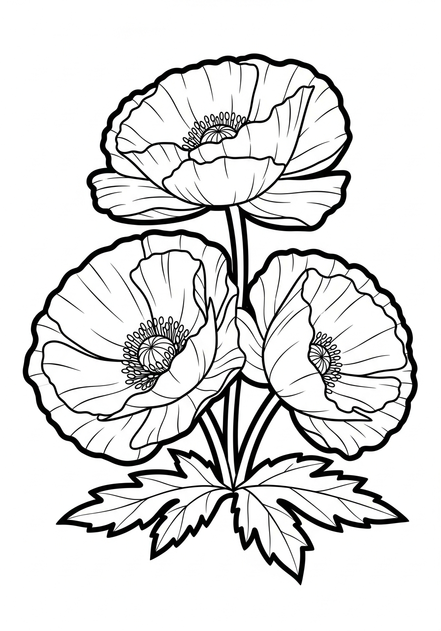 Veterans Day Coloring Pages 25 Three large poppy flowers coloring page
